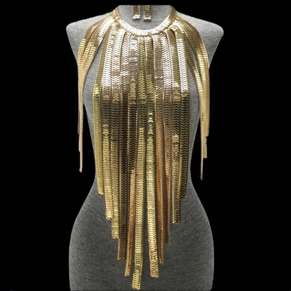 Silver Gold and Gunmetal Long Fringe Metal Statement Body Chain Necklace - Picture 3 of 6